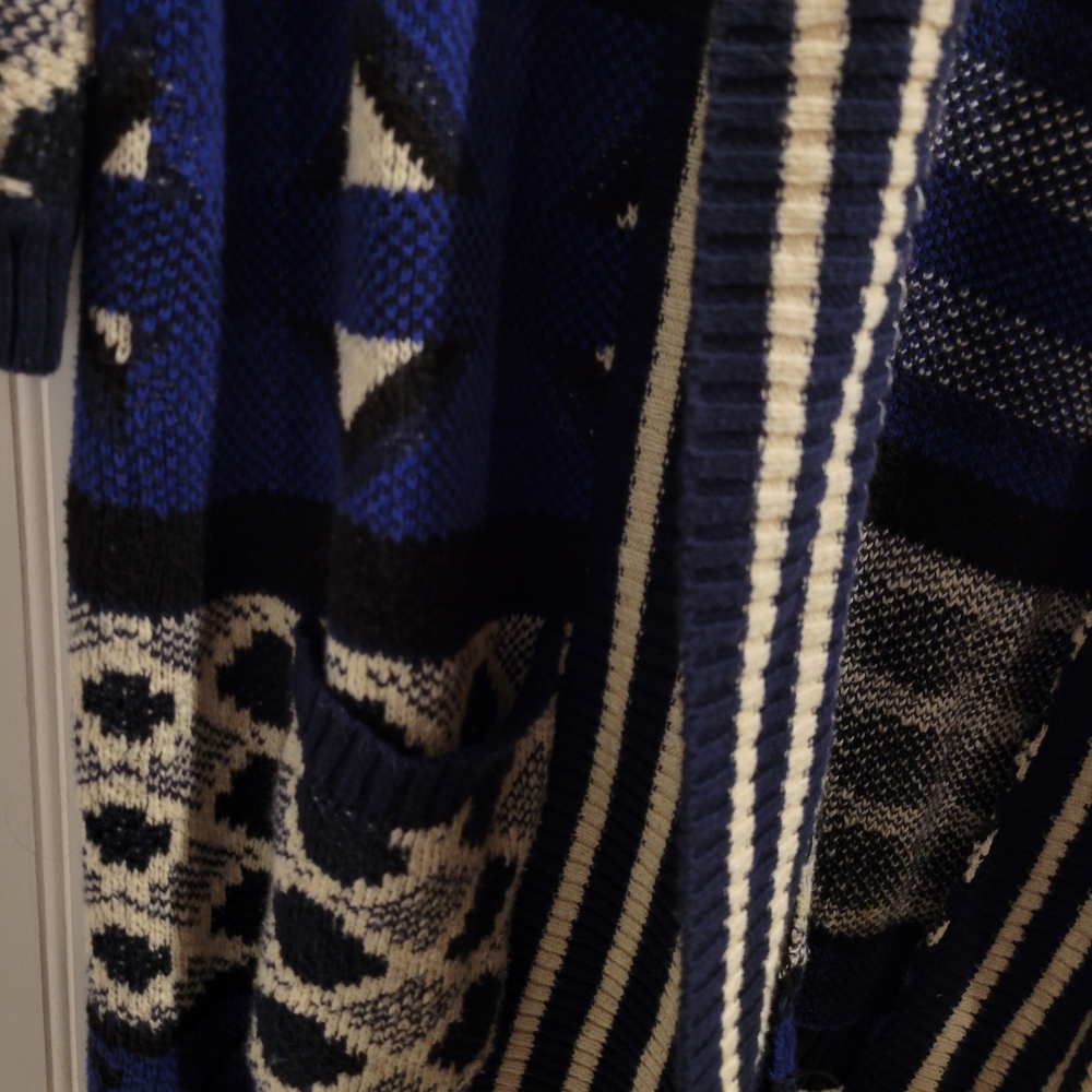 Lucky Brand Blue Cream Tribal Open Sweater Size Medium - Picture 6 of 12